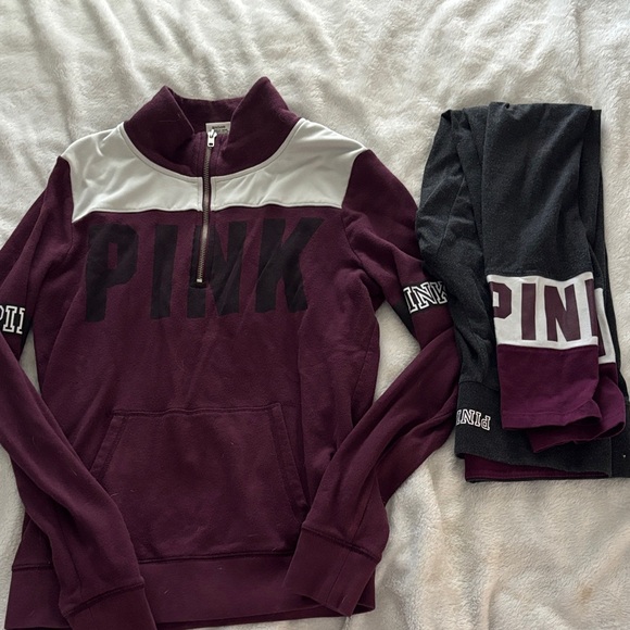 PINK Victoria's Secret Pants - PINK Victoria's Secret Burgundy and White Quarter-Zip Pullover